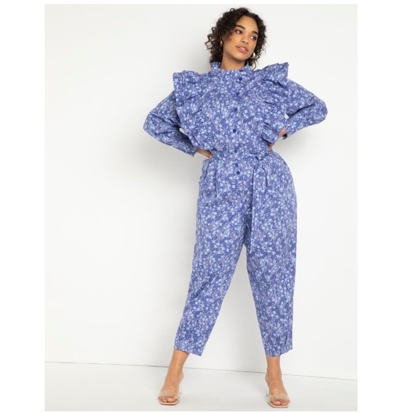 Eloquii 14 Ruffle Detail Printed Jumpsuit blue - Picture 1 of 9
